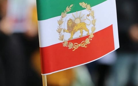 A hand holds a small flag with green, white, and red horizontal stripes, featuring a central emblem of a lion and sun. Blurred crowd in background.