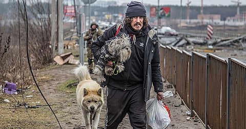 Representational image if Bucha after Russian invasion of Ukraine. In the image A man walks along a dirt path beside a road, carrying a small dog and a plastic bag. A large dog is by his side. 