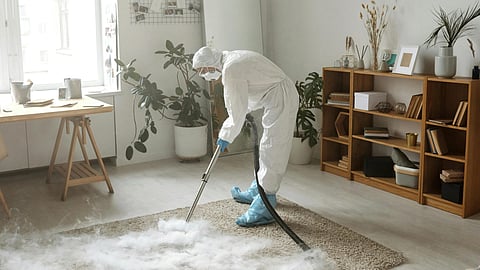 A person in protective gear uses a steam cleaner on a rug in a cozy room with plants and shelves, conveying cleanliness and caution.
