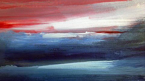 Abstract painting with bold horizontal strokes of red, white, and blue. The colors blend and overlap, creating a dynamic, serene, and atmospheric feel.