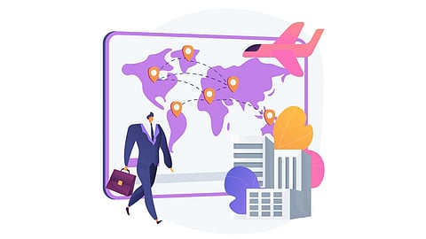 Illustration of a businessman with a briefcase walking by a world map showing travel routes marked with location pins, a flying airplane, and modern buildings, conveying global business travel themes.