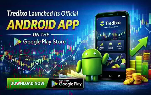 Tredixo Android app launch advertisement. Features a phone displaying the app with market charts, an Android mascot, and stacks of coins. Bold text reads 'Tredixo Launched Its Official Android App on the Google Play Store.' Buttons for downloading the app are shown. Bright, dynamic tone.