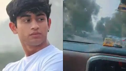 The victim Sahil Dhaneshra in a white shirt looks sideways, set against a blurry outdoor backdrop. Next to him, a car dashboard view shows a road flanked by trees.