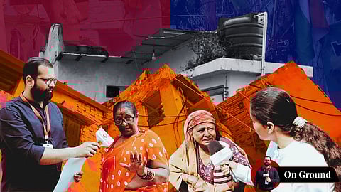 Reporter Gaurav Pandey and Priyanka Singh interviewing people for newsgram, on ground logo and the image of the JJ colony in the backgroup