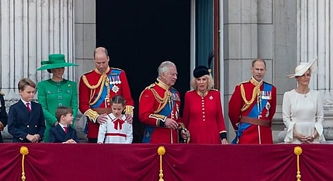 On the royal balcony from left to right watching the flypast:  Prince George of Wales; Catherine, Princess of Wales; Prince Louis of Wales; William, Prince of Wales; Princess Charlotte of Wales; King Charles III; Queen Camilla; Prince Edward, Duke of Edinburgh; Sophie, Duchess of Edinburgh