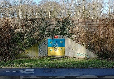 A wall in a wooded area features graffiti of peace signs and a heart in blue and yellow. The fence is overgrown with ivy, conveying a tranquil, urban feel.