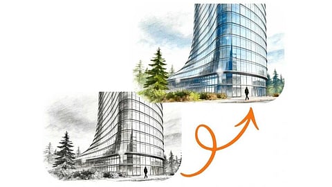 A sketch of a building in the bottom left, a complete image based on the sketch in the top right, with an arrow connecting them.