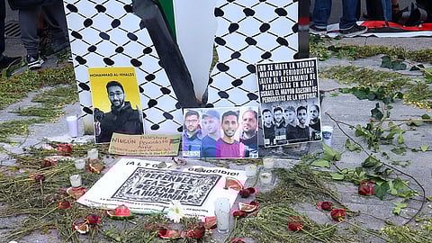 memorial shrine for journalists Anas al Sharif and Mohammed Qreiqeh Ibrahim Zaher, Mohammed Noufal and Moamen Aliwa, killed by the Israeli Army on 10 August 2025.