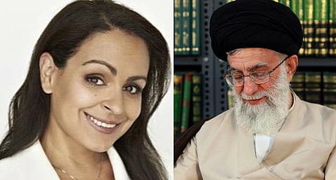 Left image is of  Sky News Australia anchor Rita Panahi looking towards the camera. Right image is of Ali Hoseini Khamenei with a book shelf in his background. 