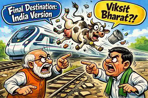 Ai generated illustration depicting a satire where two people are arguing. in the background a cow is hit by a superfast express train. the text reads final destination india version and viksit bharat?