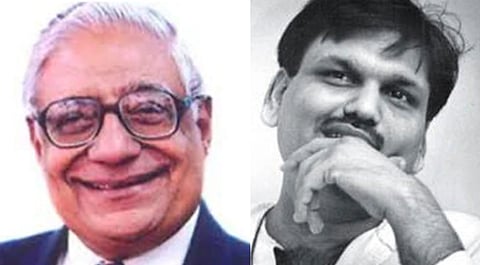 Left image is of journalist H.K Dua smiling. Right image is of Harshad Mehta with his hands on his chin. 