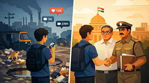In the image a collage of two scenes are shown in one scene a kid is shown in a garbage area clicking picture gaining likes and in other he is meeting police outside a government building