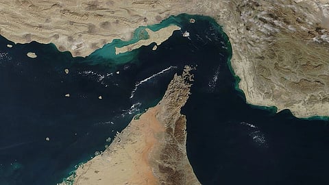  The rugged, barren mountains of the Musandam Peninsula juts into the Strait of Hormuz, the narrow throughway between Iran (north) and Oman and the United Arab Emirates (south) where the waters from the Gulf of Oman enter the Persian Gulf. 