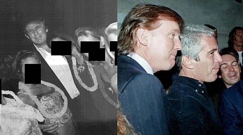 Left image is a black and white photo of Donald trump (centre) with six women whose faces are redacted. Right image is of Jeffrey Epstein and Donald trump looking towards their right talking to a blond woman. 
