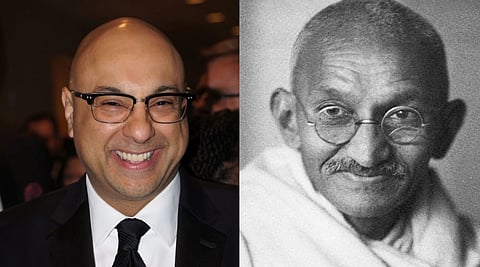Left image is of Canadian Journalist Ali Velshi smiling. Right image is an old portrait of Mahatma Gandhi.