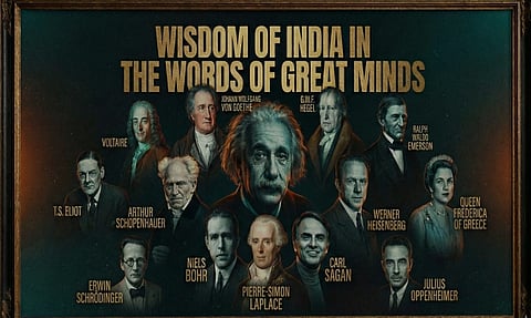 A poster titled 'Wisdom of India in the Words of Great Minds' features portraits of famous thinkers, including Albert Einstein at the center. Surrounding him are Voltaire, T.S. Eliot, Arthur Schopenhauer, Niels Bohr, and others. The tone is intellectual and reverent, highlighting historical figures and their connection to Indian wisdom.