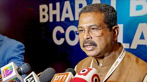 The Union Minister for Education, Shri Dharmendra Pradhan interacting with media during the ‘Bharat Bodhan AI Conclave-2026’ at Bharat Mandapam, in New Delhi on February 12, 2026.