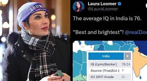 Left image is of Racist US Commentator Laura Loomer  speaking with attendees at a "No Eminent Domain! No Carbon Pipelines!" rally at the Iowa State Capitol in Des Moines, Iowa. Right image is a screenshot of Loomer's  post on X taking a dig at indians.