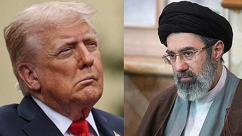 Left image is a close up phtograph of Donald trump. Right image is of Iran's supreme leader Mojtaba Khamenei