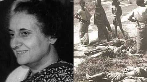 Left image is an old photograph of Indira Gandhi and right image is the photograph of the brutal Nellie Massacre 1983. the bodies are laid on the ground and people are standing near it. 