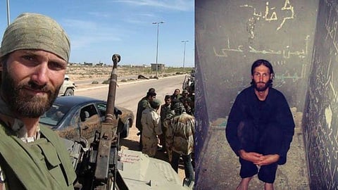 Left: Matthew VanDyke holding a gun, facing the camera, in military gear, behind him other militants; Right: VanDyke held in a cell in middle east