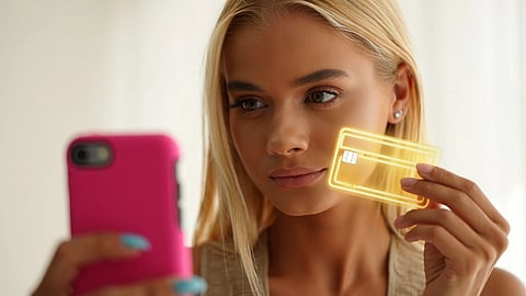 A woman holds up a transparent payment card and a pink phone