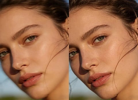 Left: A photo of a woman, Right: an enhanced version of the photo using AI