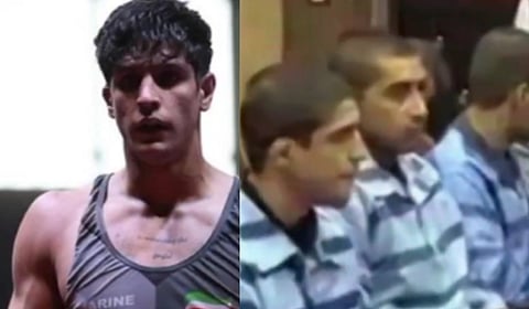 Left image is of wrestler Saleh Mohammadi and right image is of  three protestants who were sentenced to death including Mohammadi. 