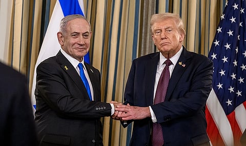 President Donald Trump and Israeli Prime Minister Benjamin Netanyahu shake hands after joint press conference announcing the U.S. peace plan for Gaza, Monday, September 29, 2025, in the State Dining Room of the White House.