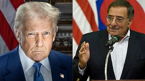 Left image is of former director of CIA Leon Panetta speaking at town hall meeting held at Collier Field House on USAG-Yongsan, Republic of Korea, October 26, 2011. Right image is an official portrait of Donald trump with a serious expression on his face. he has a badge of the American flag on his coat.