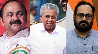 Starting from the left, Image of VD Satheeshan wearing a congress badge and pen and looking towards his left. the middle picture is of CM Pinarayi vijayan walking infront of two kerala police officers. image of Rajeev Chandrasekhar (far right) from BJP. 