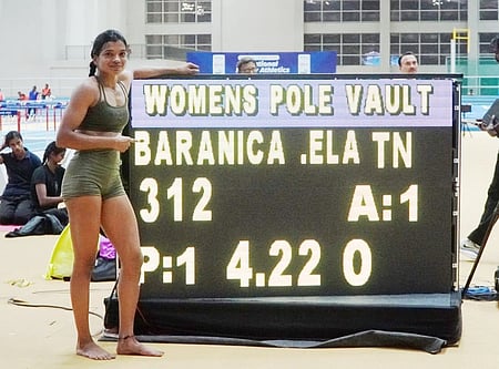 Pole vaulter Baranica Elangovan raises bar to 4.22m, enters record books on Day One of the on the opening day of the first edition of the National Indoor Athletics Championships at Indoor Stadium in Bhubaneswar on Tuesday. Photo credit: AFI