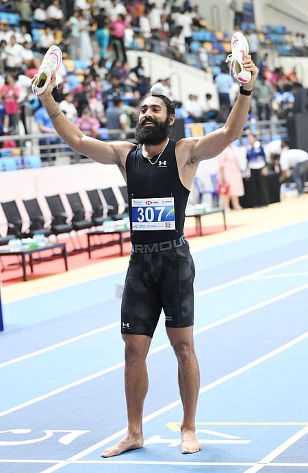 Gurvindervir Singh sprints to glory in 60m dash  on the final day of the two-day first National Indoor Athletics Championships at Indoor Stadium in Bhubaneswar on Wednesday. Photo credit: AFI