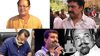 Collage of five actors and firectors who later became politician. From the top actor Innocent, Ganesh Kumar, Suresh Gopi, Ramesh Pisharody and director Ramu Kairat. 