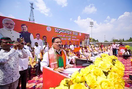 Silchar: Bharatiya Janata Party (BJP) Assam President and Member of Parliament Dilip Saikia addresses a nomination rally for the party’s candidates in seven assembly constituencies ahead of the Assam Assembly elections 2026, in Cachar district of Assam, Monday, March 23, 2026. (IANS)