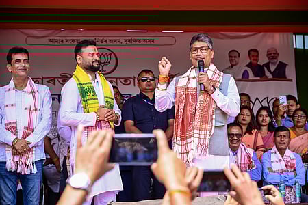 Kamrup: Assam Minister Pijush Hazarika during a public rally in support of BJP candidate Himanshu Baishya from Palashbari Assembly constituency ahead of the Assam Assembly elections, before filing his nomination, in Kamrup district of Assam on Monday, March 23, 2026. (Photo: IANS/X/@Pijush_hazarika)