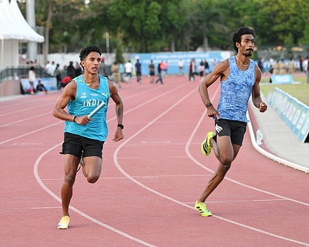 Rajesh Ramesh and Vishal TK during practice on Friday in Chandigarh as country’s top sprinters all set to earn qualification for World Athletics Relays Gaborone 26 Botswana. Photo credit: AFI