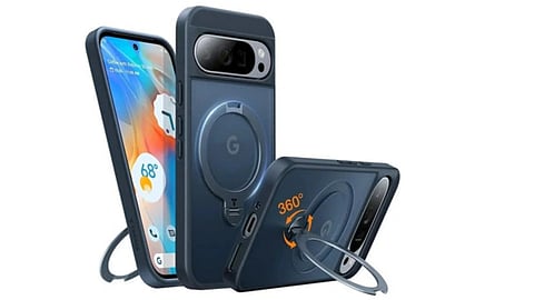 Blue smartphone cases with 360-degree ring holders are shown. A phone displays an app with a weather icon and 68°F. Modern design, tech vibe.