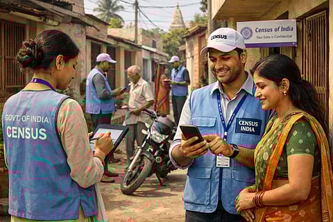 Government census workers are seen visiting homes in a semi-urban Indian neighborhood, using smartphones and tablets instead of paper forms.
