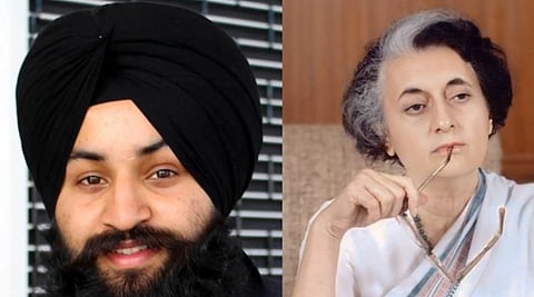 Closeup photo of Batlej Singh who is currently serving 22 year prison sentence in New Zealand. He is also the nephew of Satwant Singh who assassinated Indira gandhi. Right image is of Indira gandhi holding her spectacles on her right hand. 
