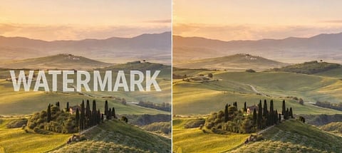 A serene Tuscan landscape at sunrise with rolling green hills and distant mountains. A cluster of cypress trees surrounds a villa. Warm, tranquil atmosphere.