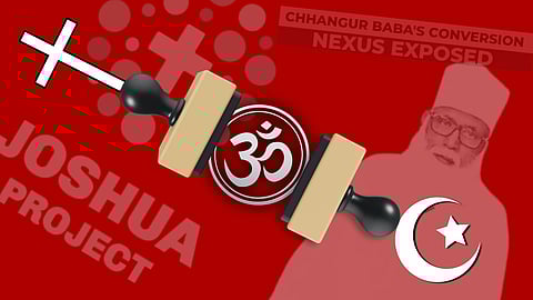 An abstract image with a red background featuring religious symbols: a cross, an Om symbol, and a crescent moon with a star. Text reads "Joshua Project" and "Chhangur Baba's Conversion Nexus Exposed," with a faded silhouette of a man. The tone is provocative, hinting at religious conversion themes.