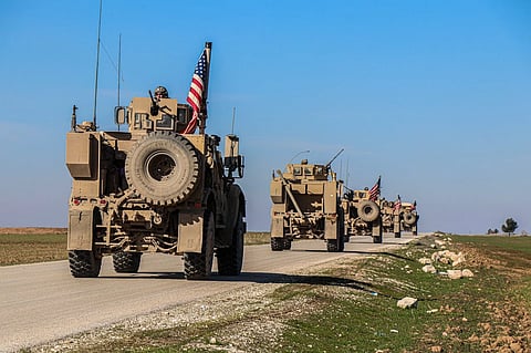 US Military Tanks Moving on the Road in Al Hasakah, Al-Hasakah Governorate, Syria