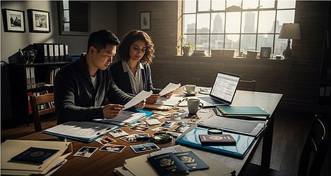 Two people sit at a table covered with documents, photos, and a passport. They study papers intently, conveying focus and teamwork in a sunlit office.