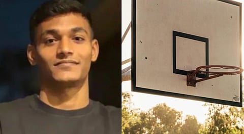 left image is of Vishal verma in a dark grey t shirt. Right image is of a basketball hoop. 