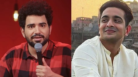 Left image is of Samay raina wearing a red shirt with a red background on his new show Still Alive; Right image is of Ranveer Allahbadia looking towards his right. 