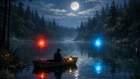 A lone fisherman sits in a small boat on a moonlit lake surrounded by trees. Two glowing orbs, one red and one blue, hover nearby, adding a magical touch.