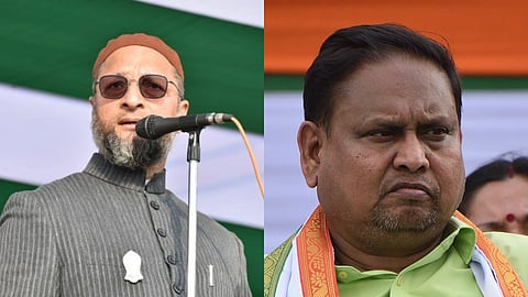 In the image a collage of two images are shown in one image AIMIM Chief Owaisi is shown addressing people in other image Humayun Kabir is shown