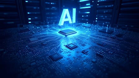 Graphic of a computer chip with 'AI' written in glowing letters above it