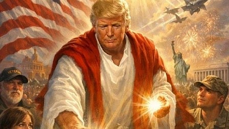 Ai image depicting Donald Trump healing a man. the figure appears to be  in a red robe touches a man's head, emanating light. Background shows the U.S. flag, military personnel, and fireworks, evoking a dramatic, reverent tone.